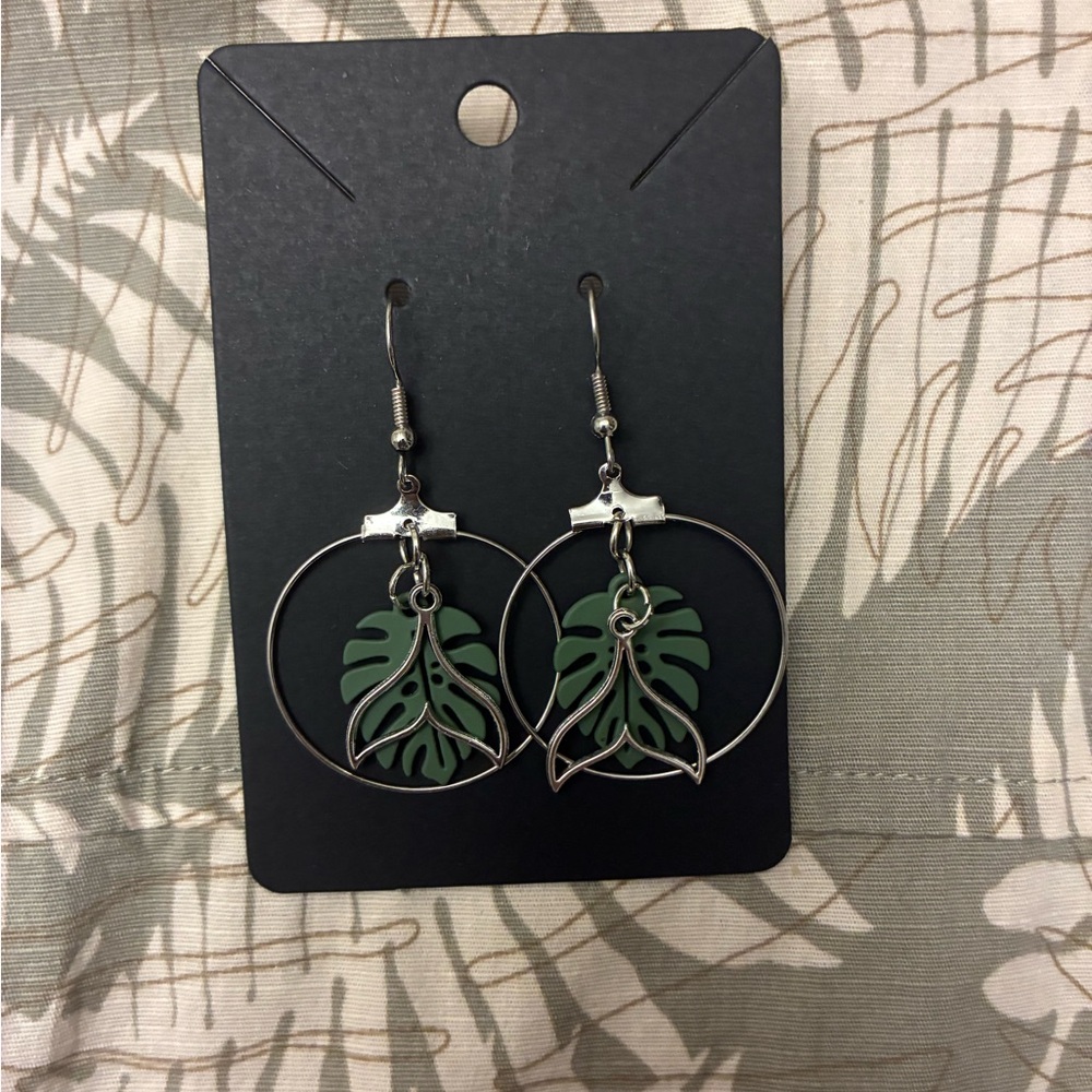 Hawaiian Silver Hoop Earrings with Green Leaf Charm